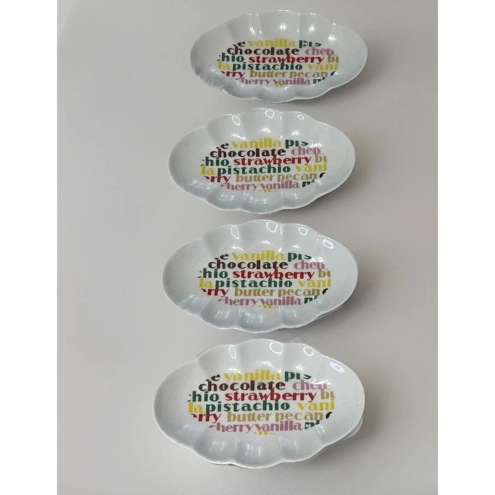Vintage Japan Ice Cream Flavor Typography Scalloped Ceramic Bowls Set of 4